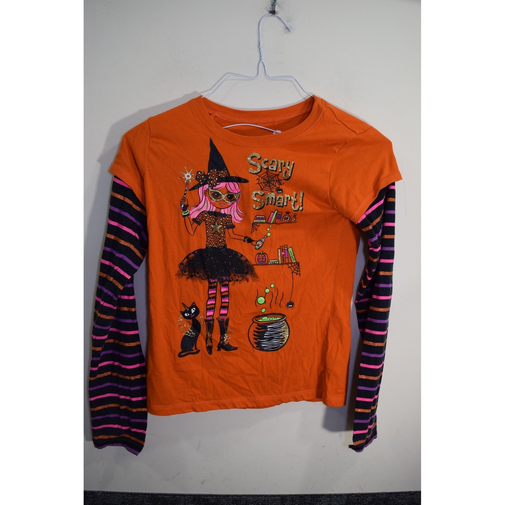 Girl's Halloween T Shirt XL (14-16) Orange Witch Scary Smart Long Sleeve Top